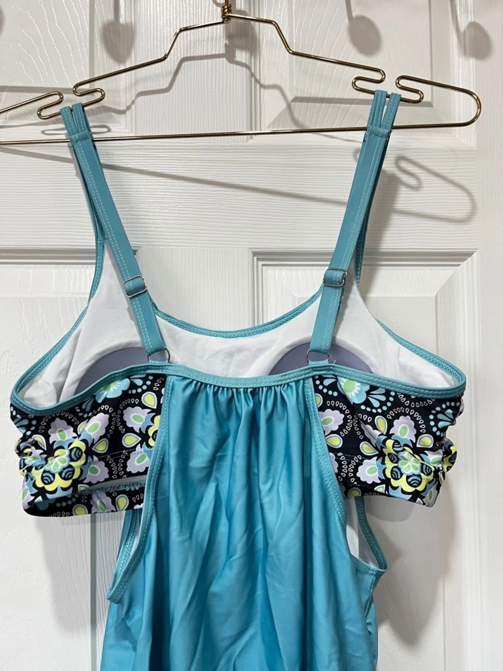 Swimsuit Tankini Top Blue Floral Built-In Bra Size Large Racer-Back Style Swim